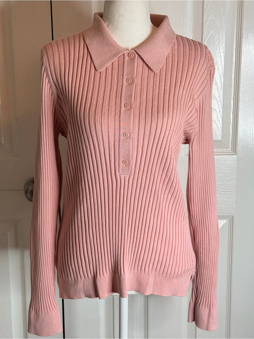 Athleta Sweet Bay Henley Polo Ribbed Knit Sweater Pink XL EUC